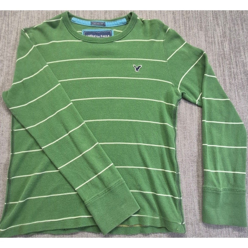 American Eagle Vintage Fit thermal L/S shirt‎ LG green striped waffle knit Y2K